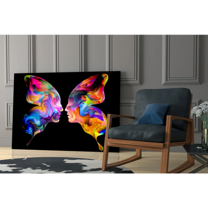 Vibrant rainbow butterfly glass wall art on black background