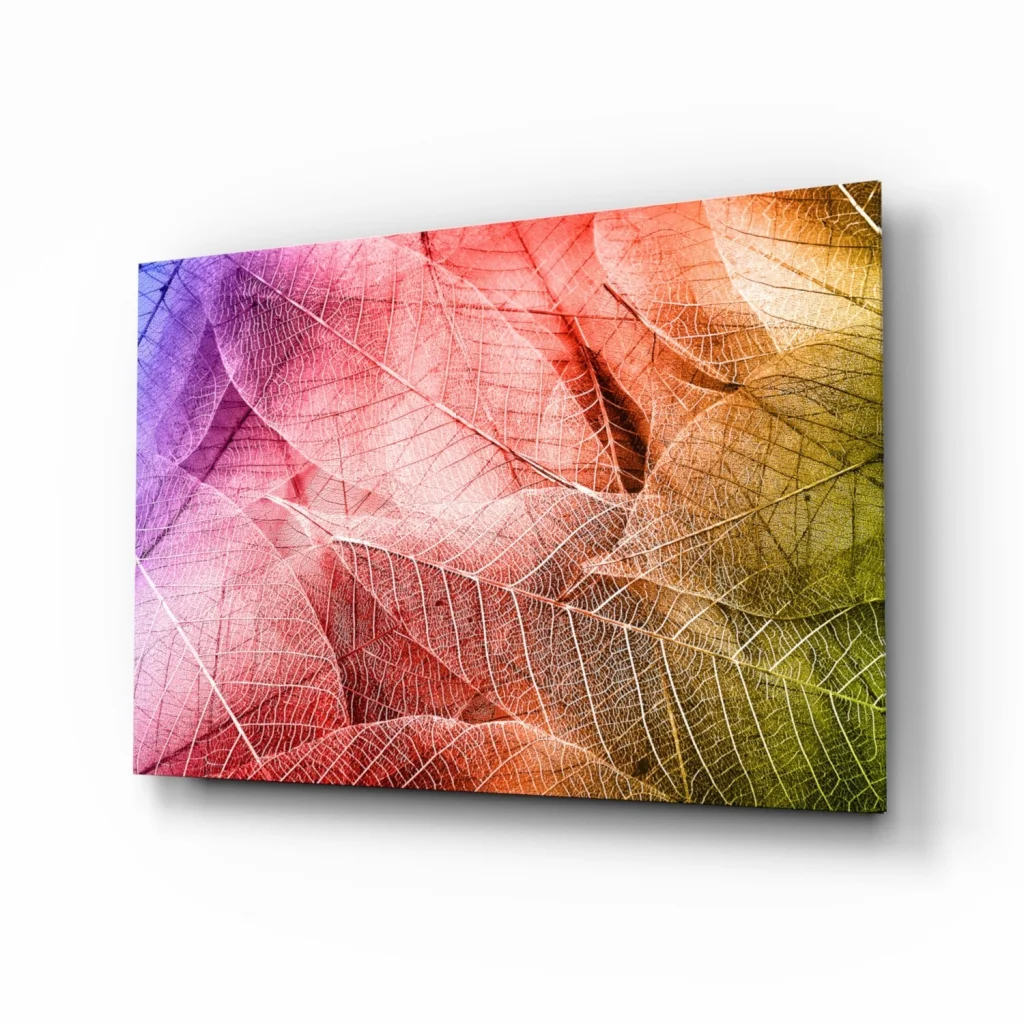 Vibrant rainbow leaf canvas wall art print in colorful hues