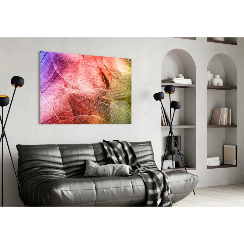 Vibrant rainbow leaf wall art canvas print