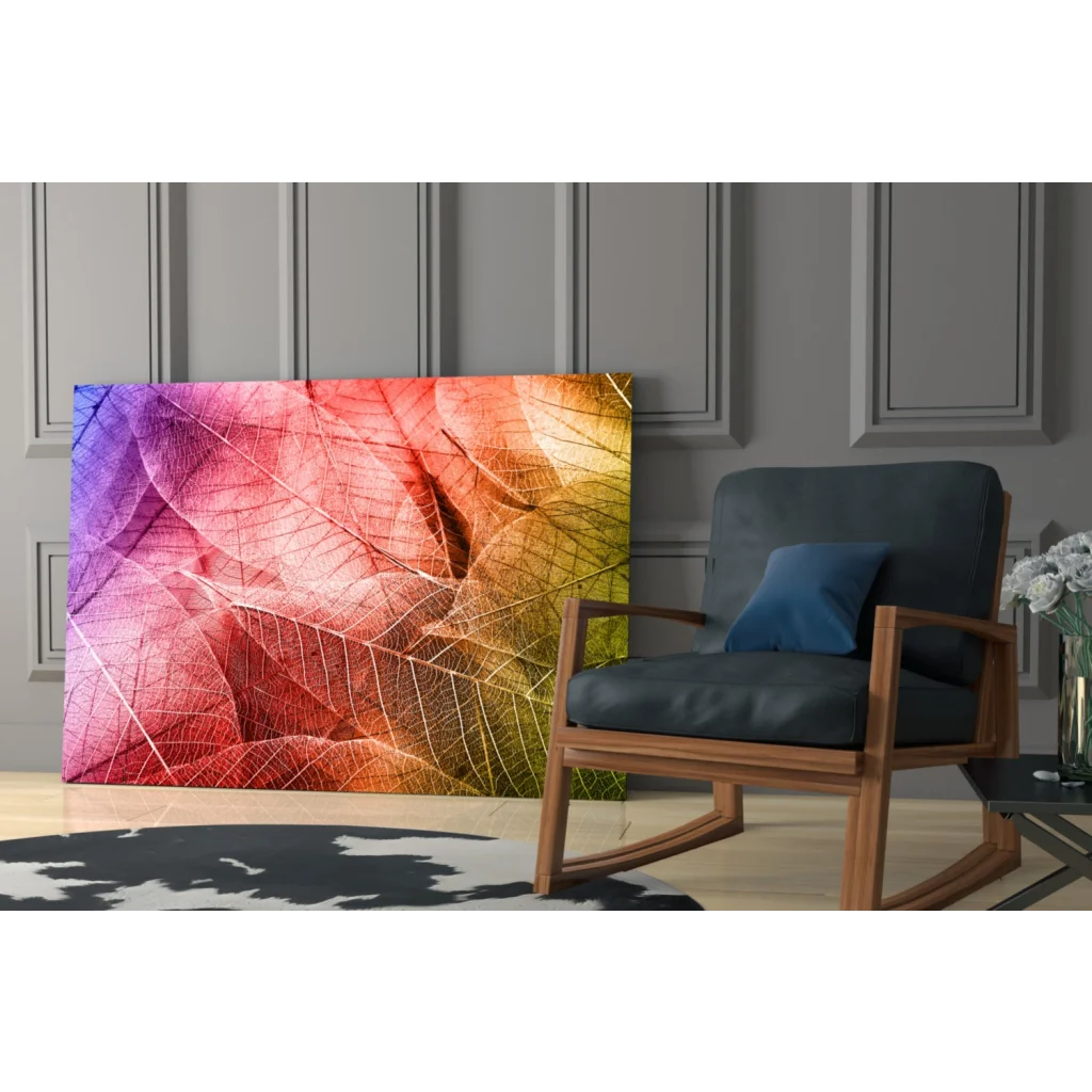 Vibrant rainbow leaf canvas wall art with colorful intricate design