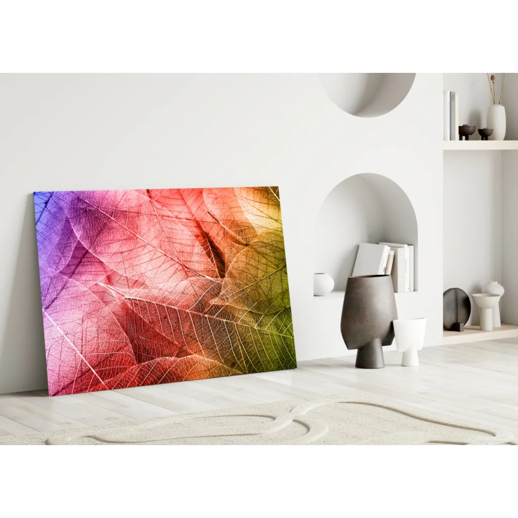 Vibrant rainbow leaf canvas wall art print on white wall