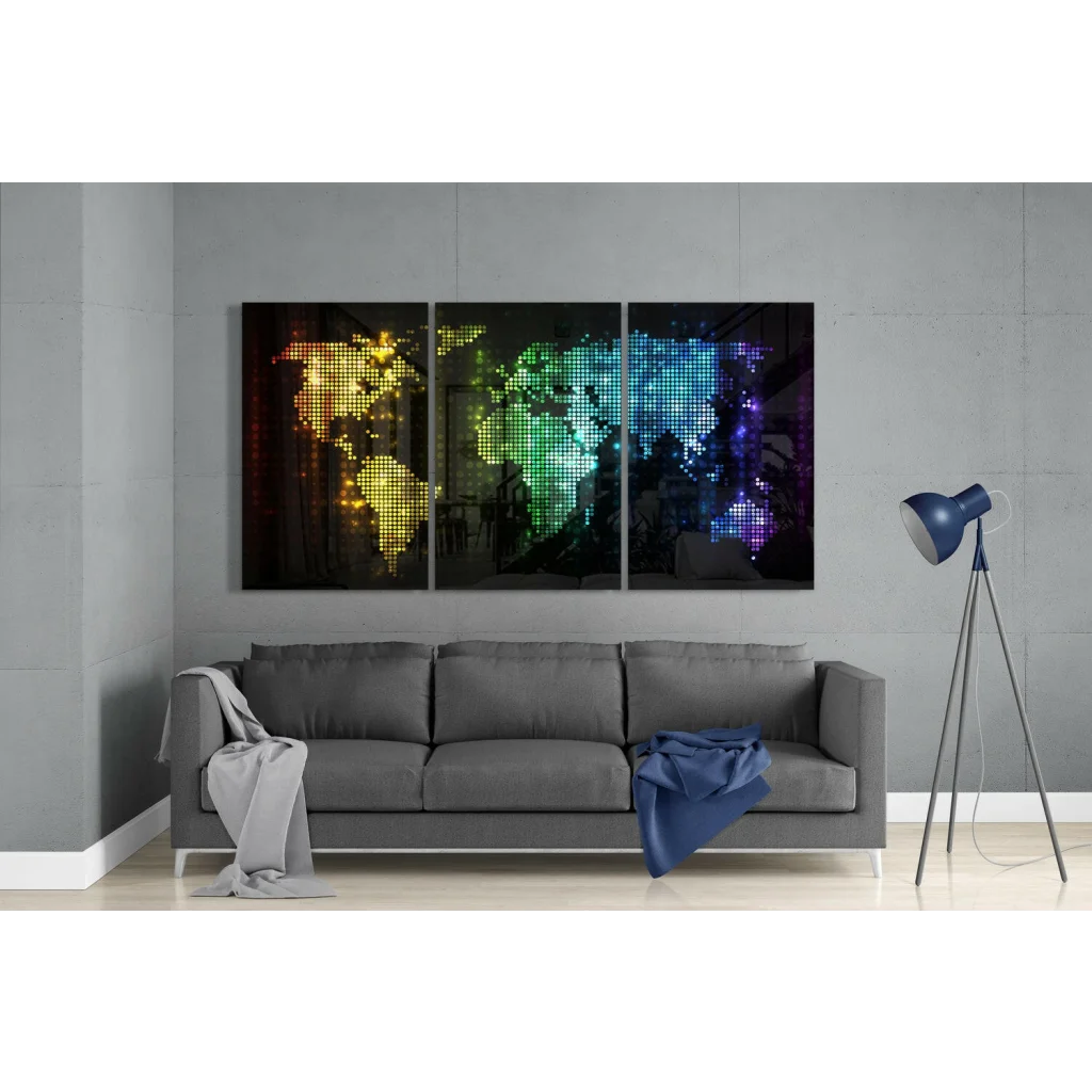 Vibrant rainbow mosaic world map glass wall art in 3-panel design