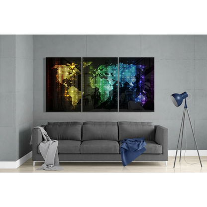 Vibrant rainbow mosaic world map glass wall art in 3-panel design