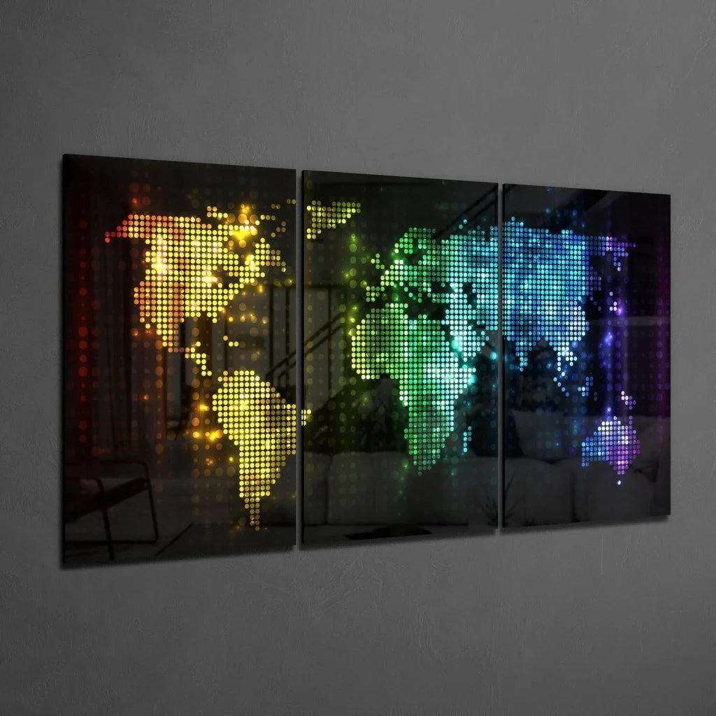 Vibrant rainbow mosaic world map glass wall art in pixelated 3-panel design