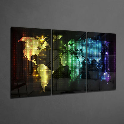 Vibrant rainbow mosaic world map glass wall art in pixelated 3-panel design