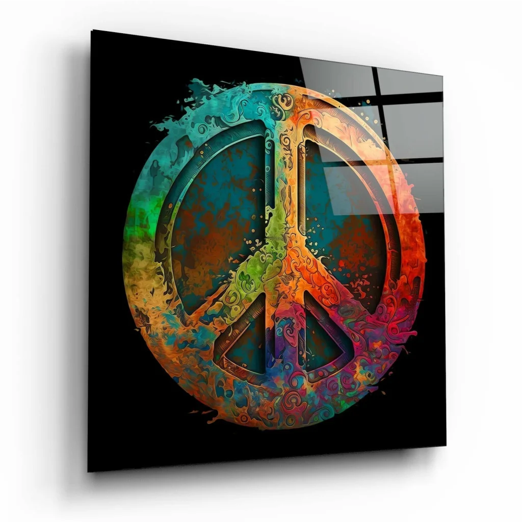 Vibrant rainbow peace sign glass wall art for your space
