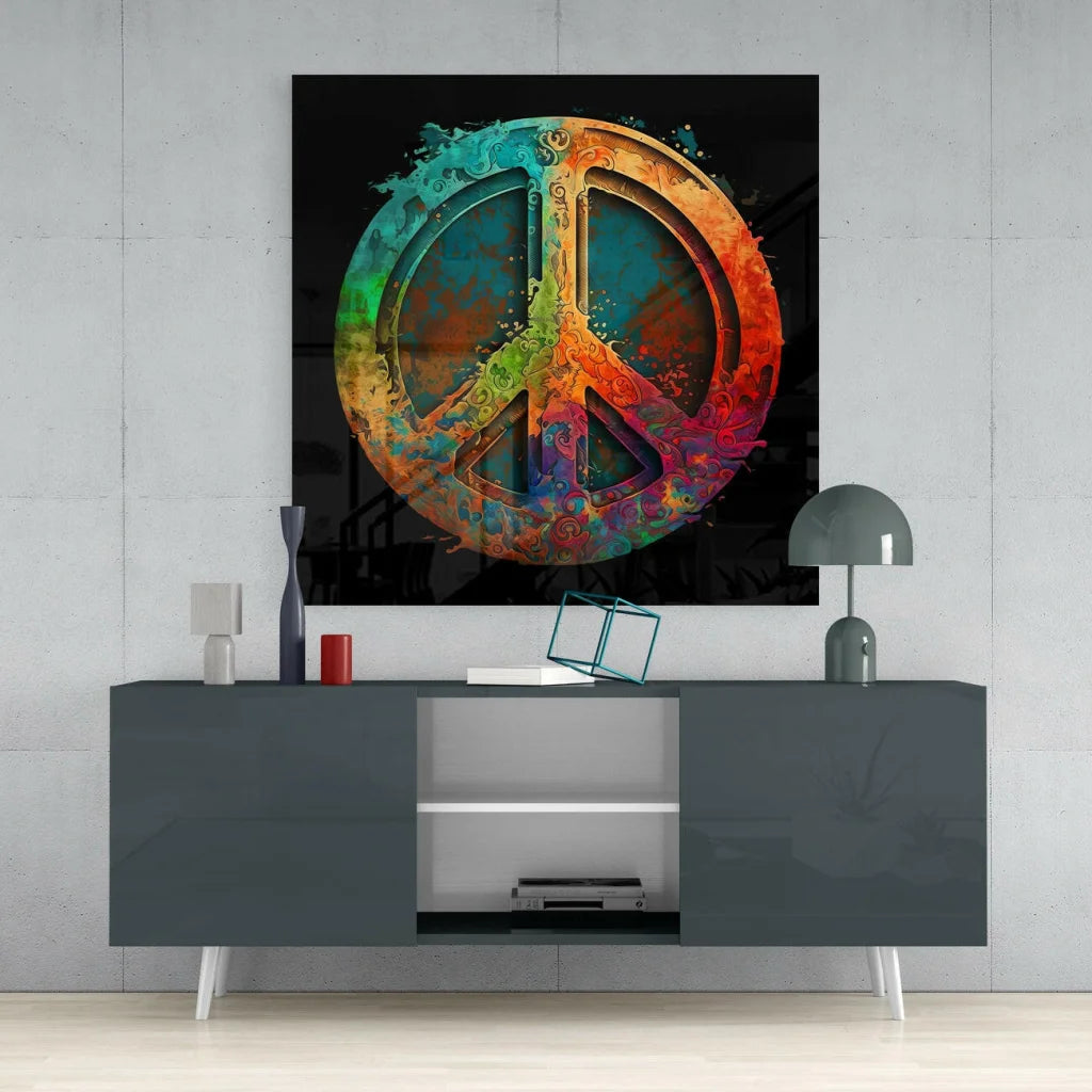 Vibrant multi-colored rainbow peace sign glass wall art with glossy finish