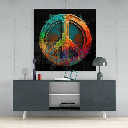 Vibrant multi-colored rainbow peace sign glass wall art with glossy finish