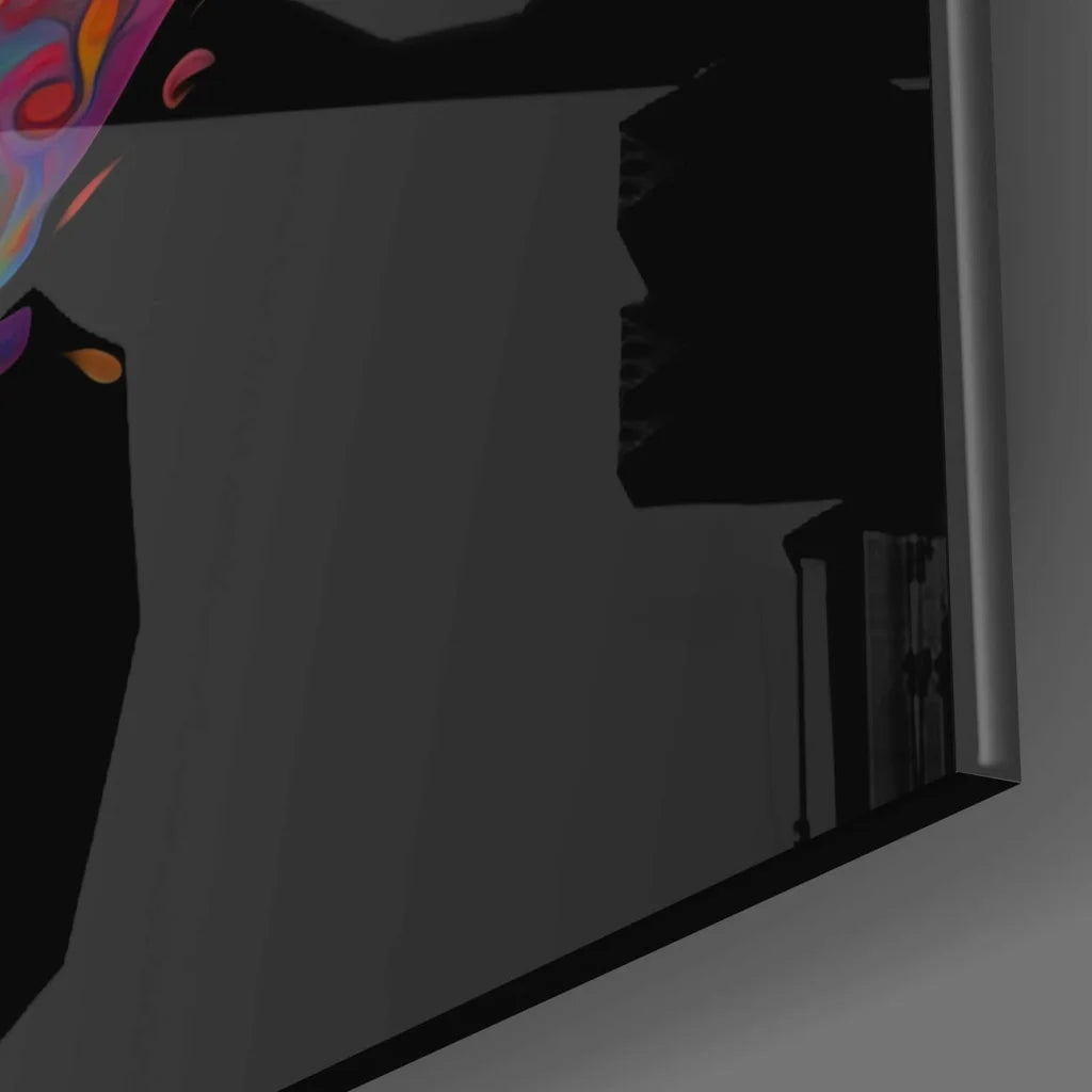 Vibrant rainbow peace sign glass wall art with colorful abstract TV screen