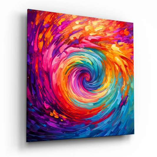 Vibrant rainbow swirl tempered glass art print in reds, oranges, yellows, greens