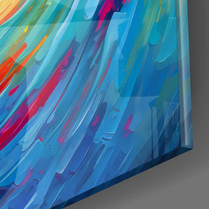 Vibrant rainbow swirl tempered glass art print with blue abstract streaks