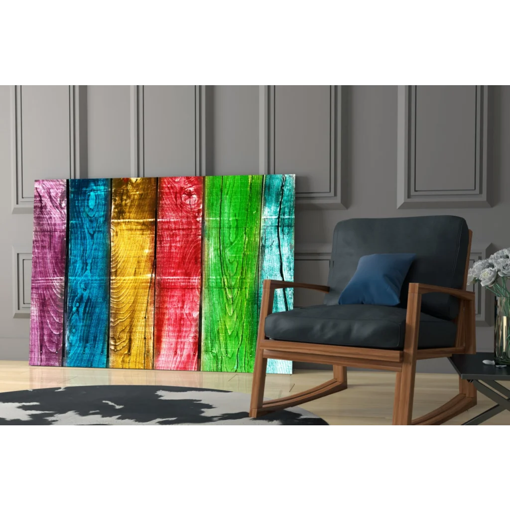 Vibrant rainbow wooden plank wall art with rustic texture