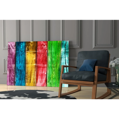 Vibrant rainbow wooden plank wall art with rustic texture