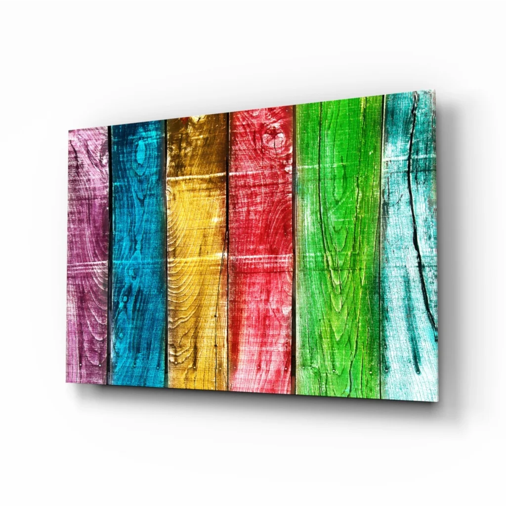 Vibrant rainbow wooden plank wall art with rustic weathered texture
