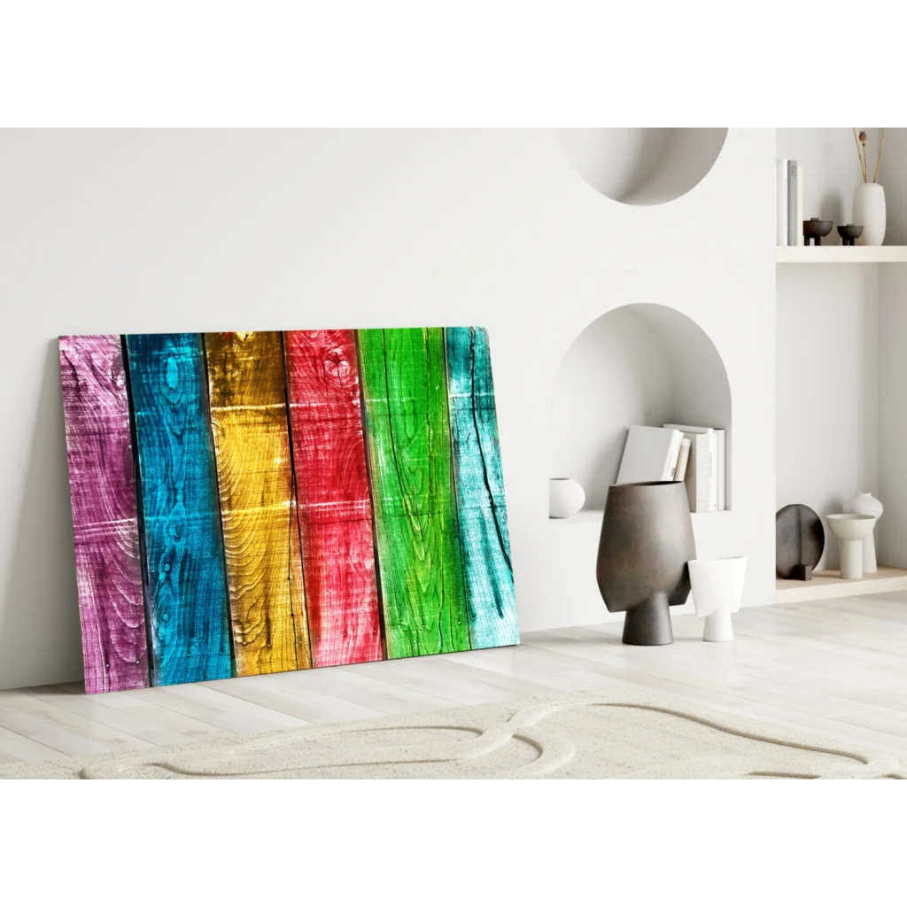 Vibrant rainbow wooden plank wall art with rustic texture