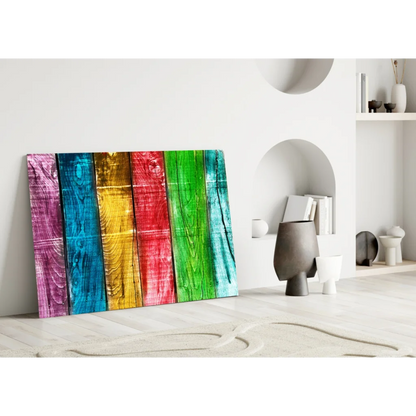 Vibrant rainbow wooden plank wall art with rustic texture