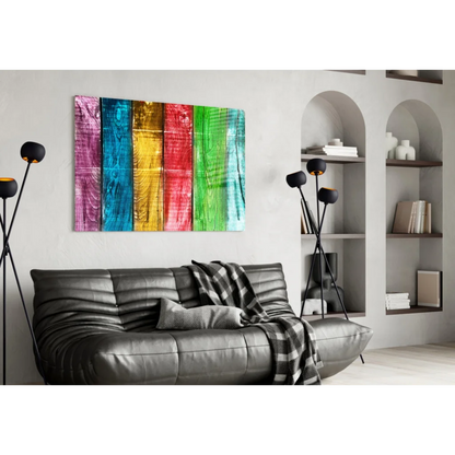 Vibrant rainbow wooden plank wall art with rustic texture on wall