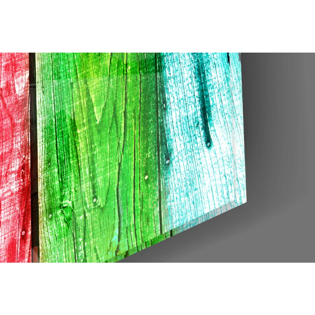 Vibrant rainbow wooden plank wall art with rustic red green teal stripes