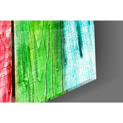 Vibrant rainbow wooden plank wall art with rustic red green teal stripes