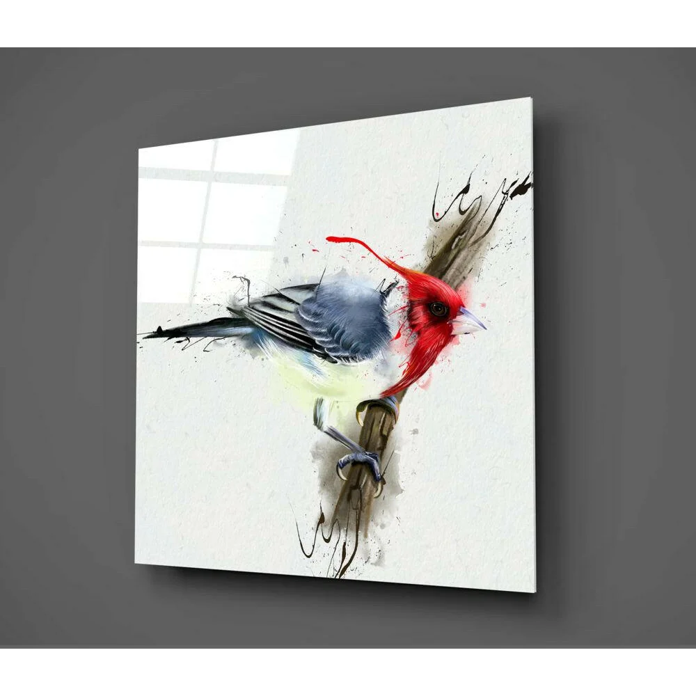 Vibrant Red Bird Watercolor Glass Wall Art Print | Glass Wall Art Print | vintageantiquesgifts.com