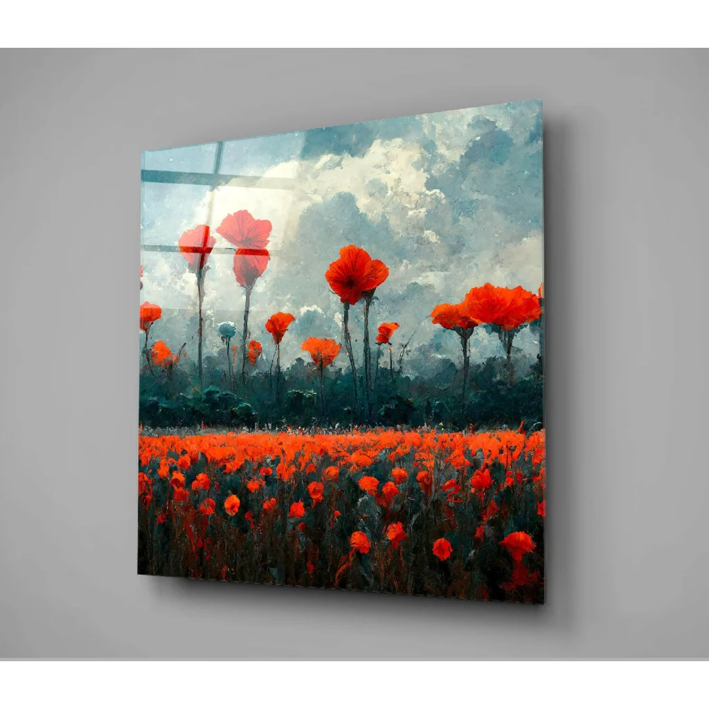 Vibrant red poppy glass wall art on glossy acrylic panel
