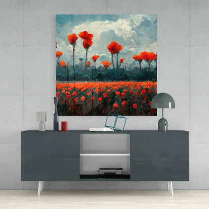 Vibrant red poppy glass wall art with glossy acrylic finish