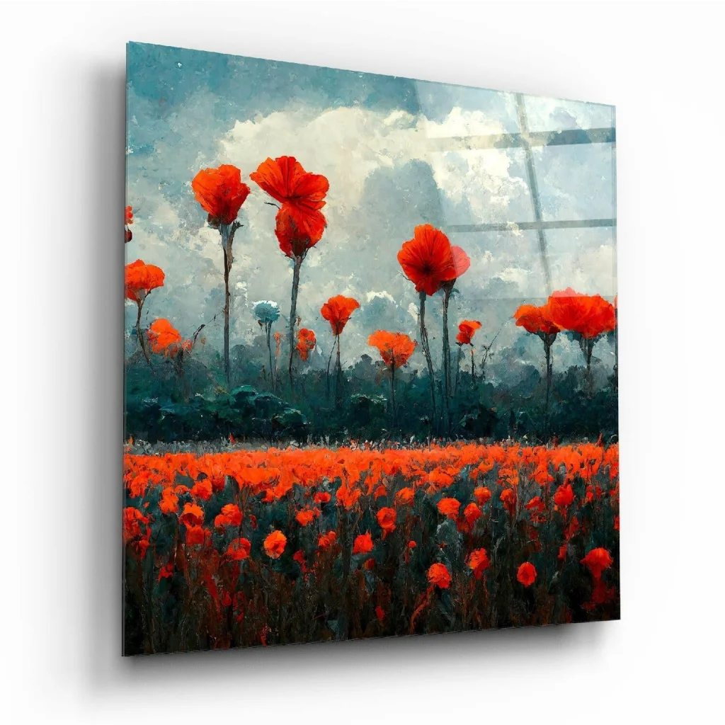 Vibrant red poppy glass wall art on glossy acrylic panel