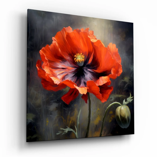 Vibrant red poppy tempered glass art with black yellow accents on dark background