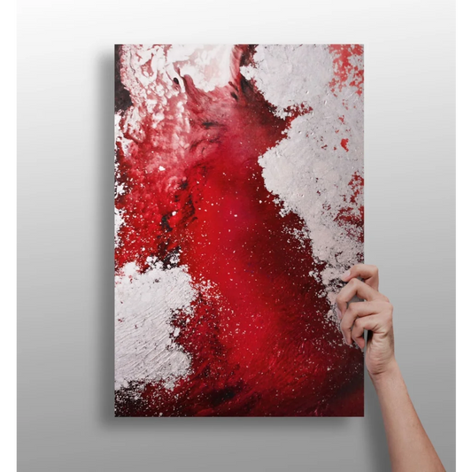 Vibrant red splash abstract aluminum wall art with bold textured strokes