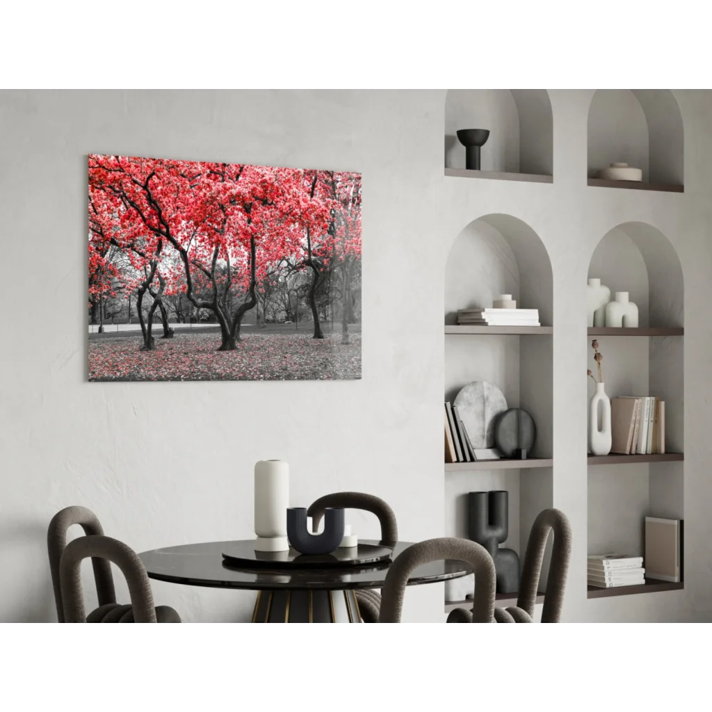 Vibrant red maple tree canvas wall art print on white wall