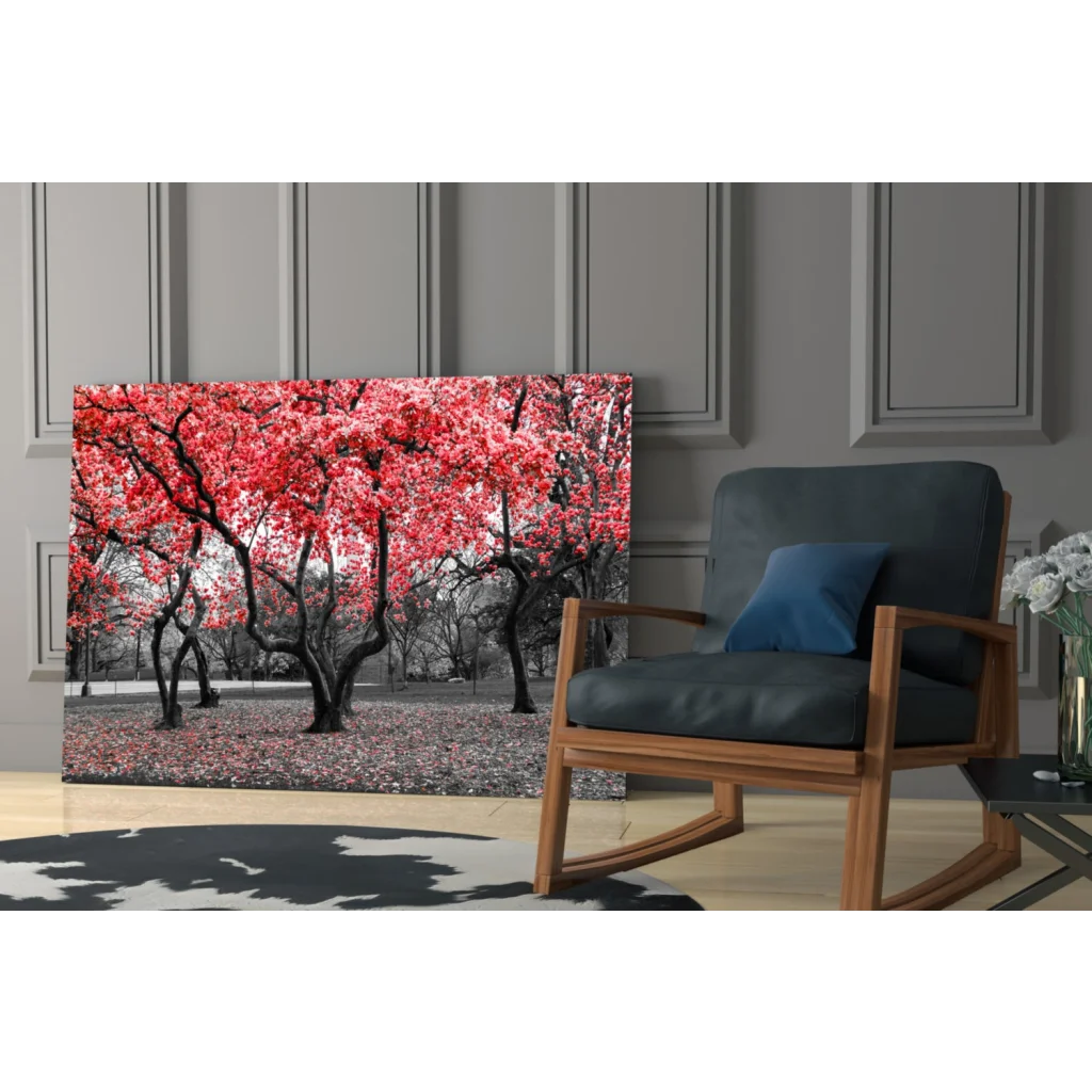 Vibrant red tree canvas wall art print on gray paneled wall