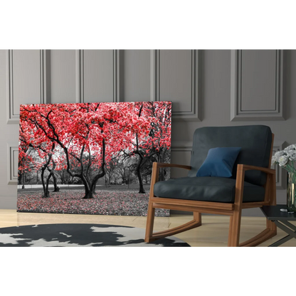 Vibrant red tree canvas wall art print on gray paneled wall