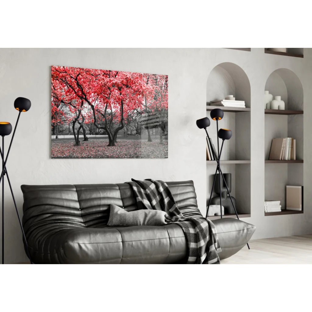 Vibrant red maple tree canvas wall art on minimalist white wall