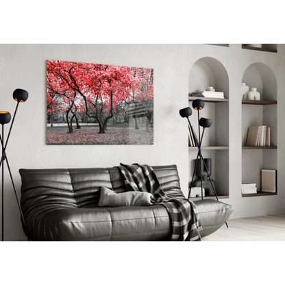 Vibrant red maple tree canvas wall art on minimalist white wall