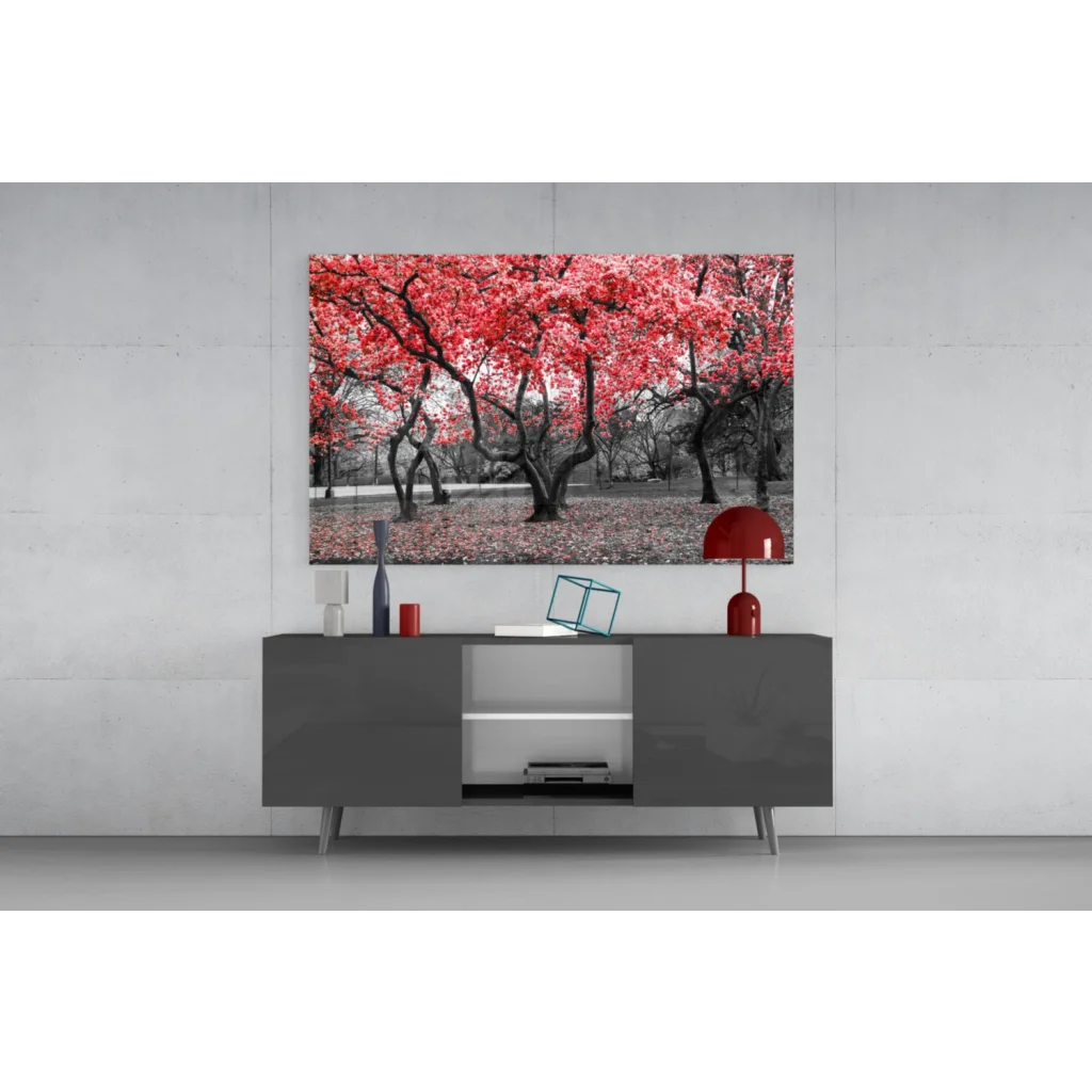 Vibrant red tree wall art canvas print above gray console table