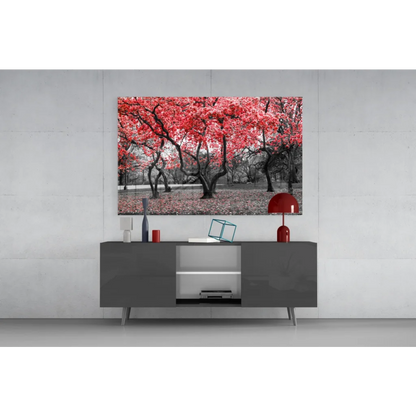 Vibrant red tree wall art canvas print above gray console table