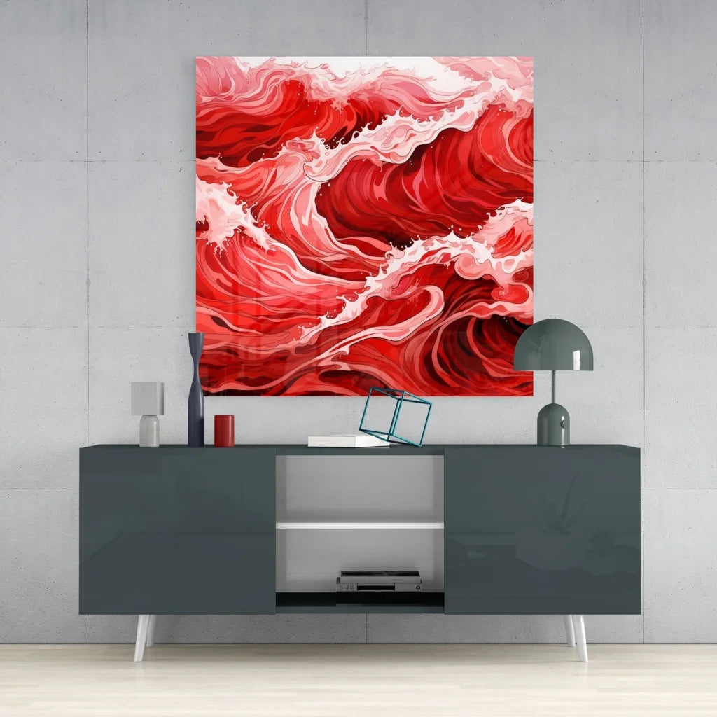 Vibrant red wave tempered glass art with size comparison