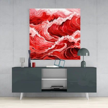 Vibrant red wave tempered glass art with size comparison