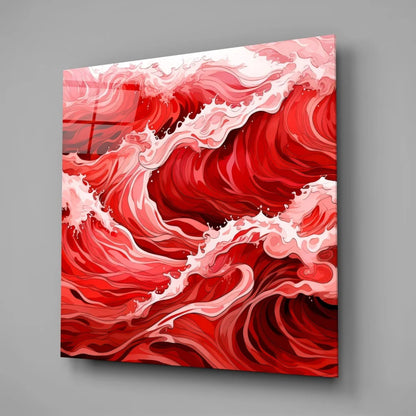 Vibrant red and white wave tempered glass art with size comparison