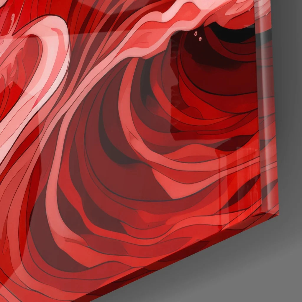Vibrant red tempered glass art wave with swirling patterns and size comparison