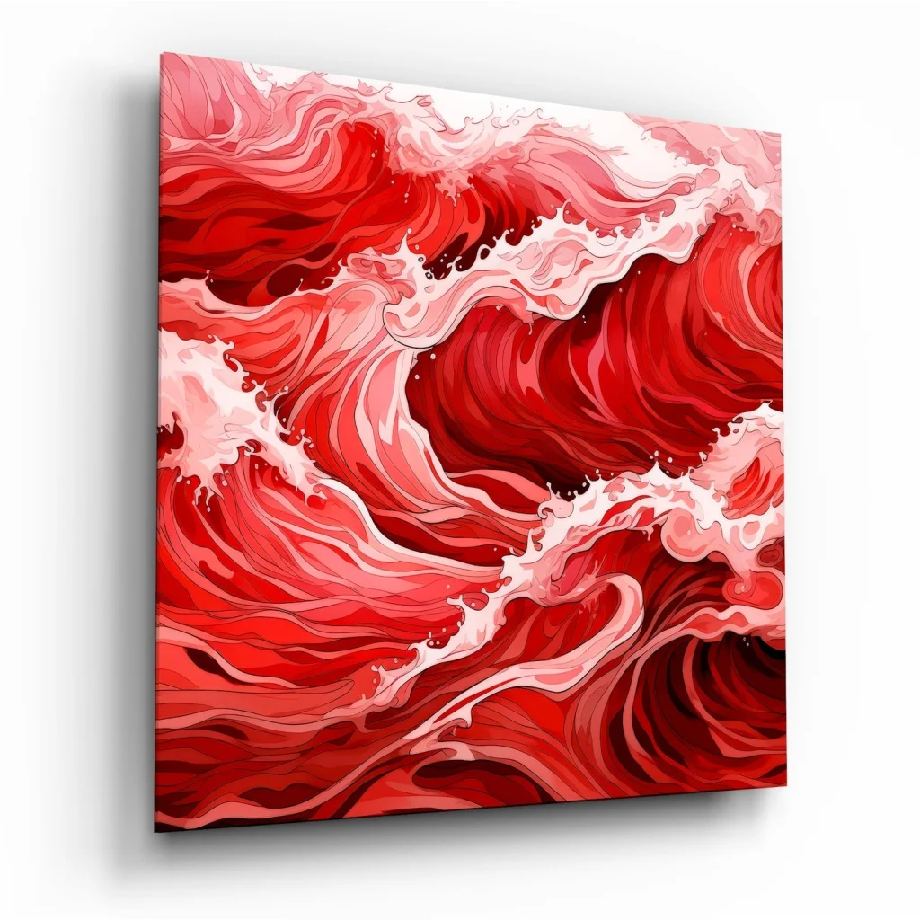 Vibrant red and white abstract wave tempered glass art with size comparison