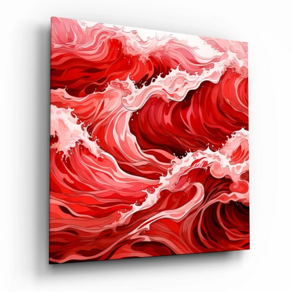 Vibrant red and white abstract wave tempered glass art with size comparison