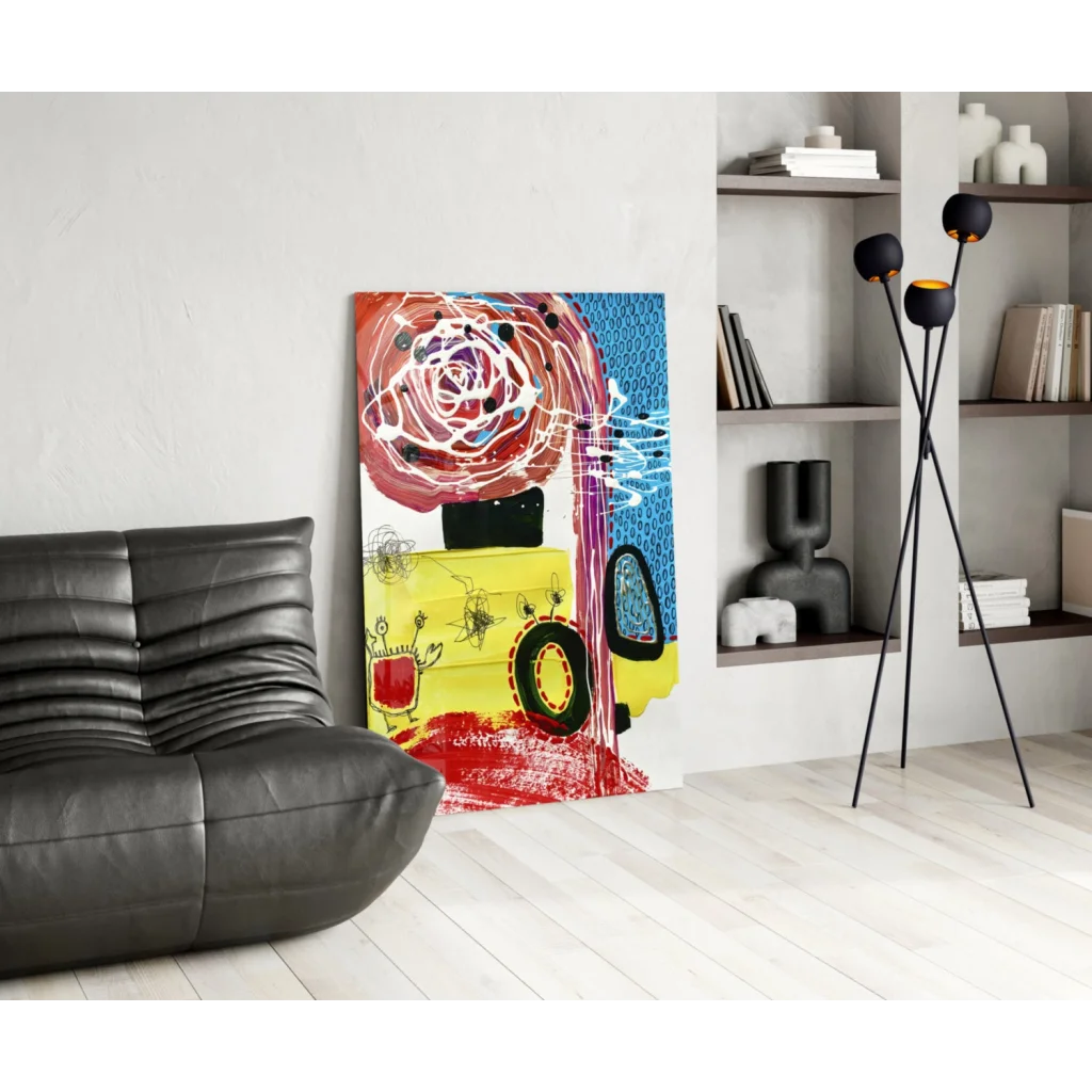 Vibrant yellow and red abstract canvas wall art print with black accents