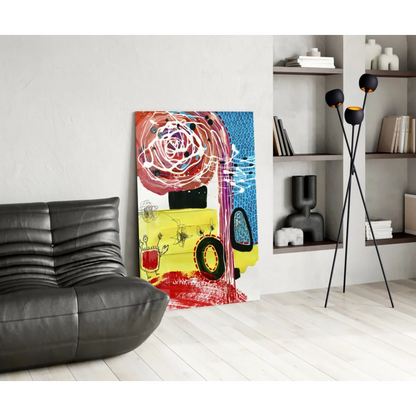 Vibrant yellow and red abstract canvas wall art print with black accents