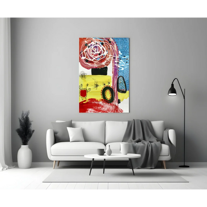 Vibrant red yellow bus abstract canvas wall art in black frame
