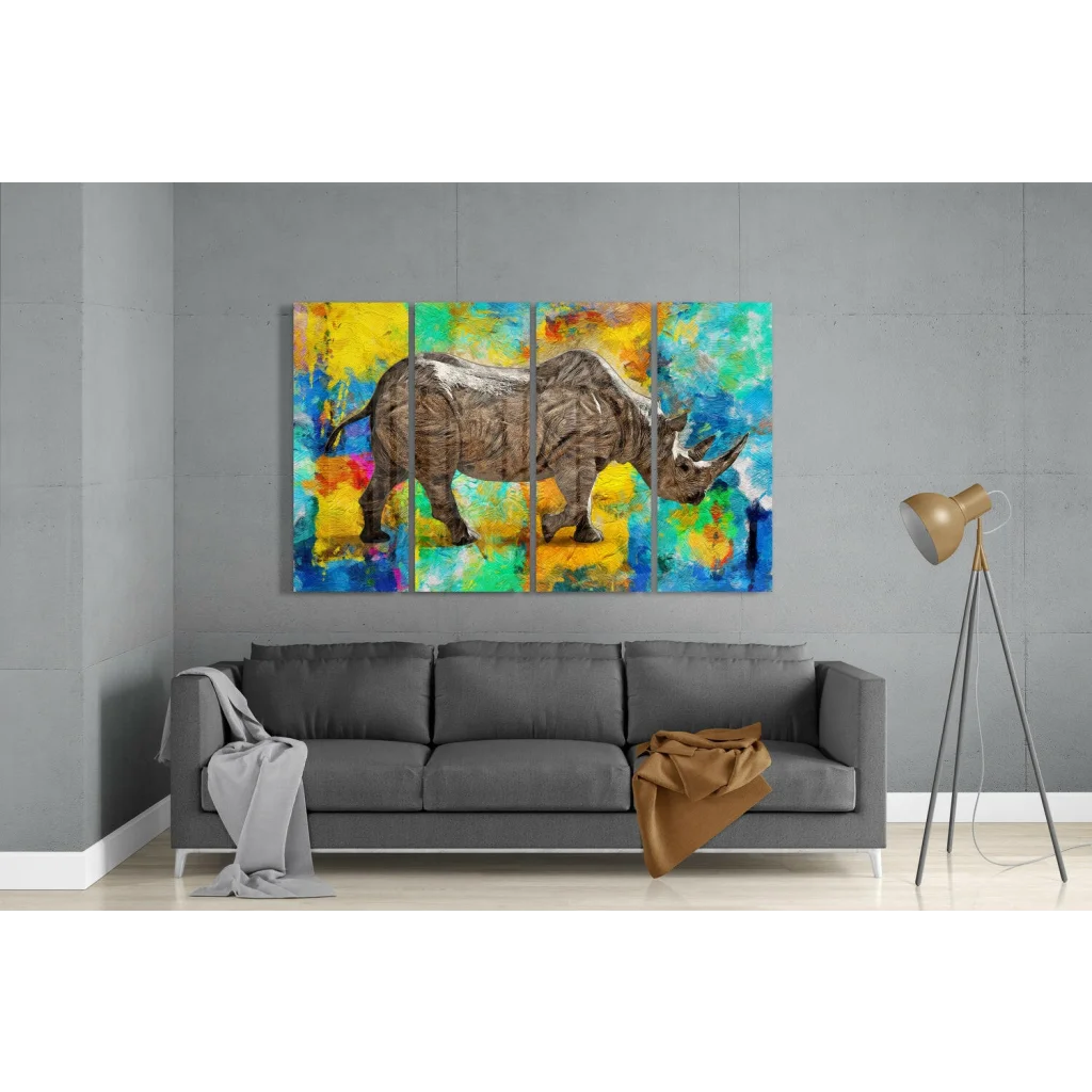 Vibrant rhino multi-panel canvas wall art with textured brushstrokes