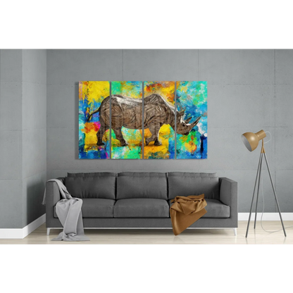 Vibrant rhino multi-panel canvas wall art with textured brushstrokes
