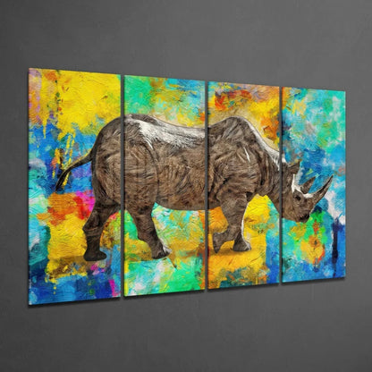 Vibrant rhino canvas wall art in earthy tones on bold abstract background