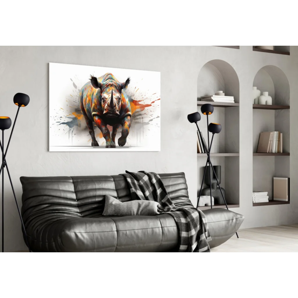 Vibrant Rhino splatter canvas wall art print on black leather couch