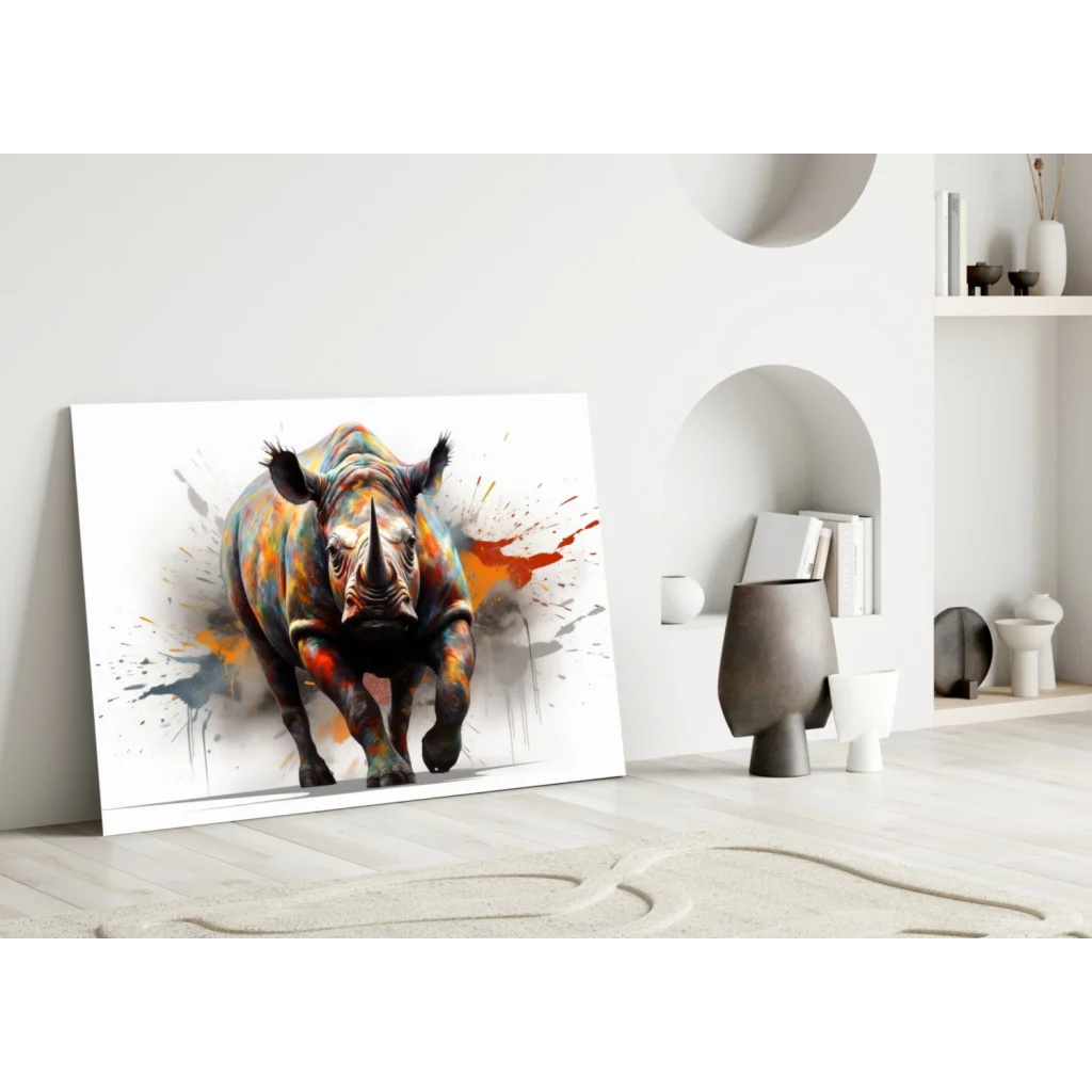 Vibrant rhino splatter canvas wall art print on black and white background